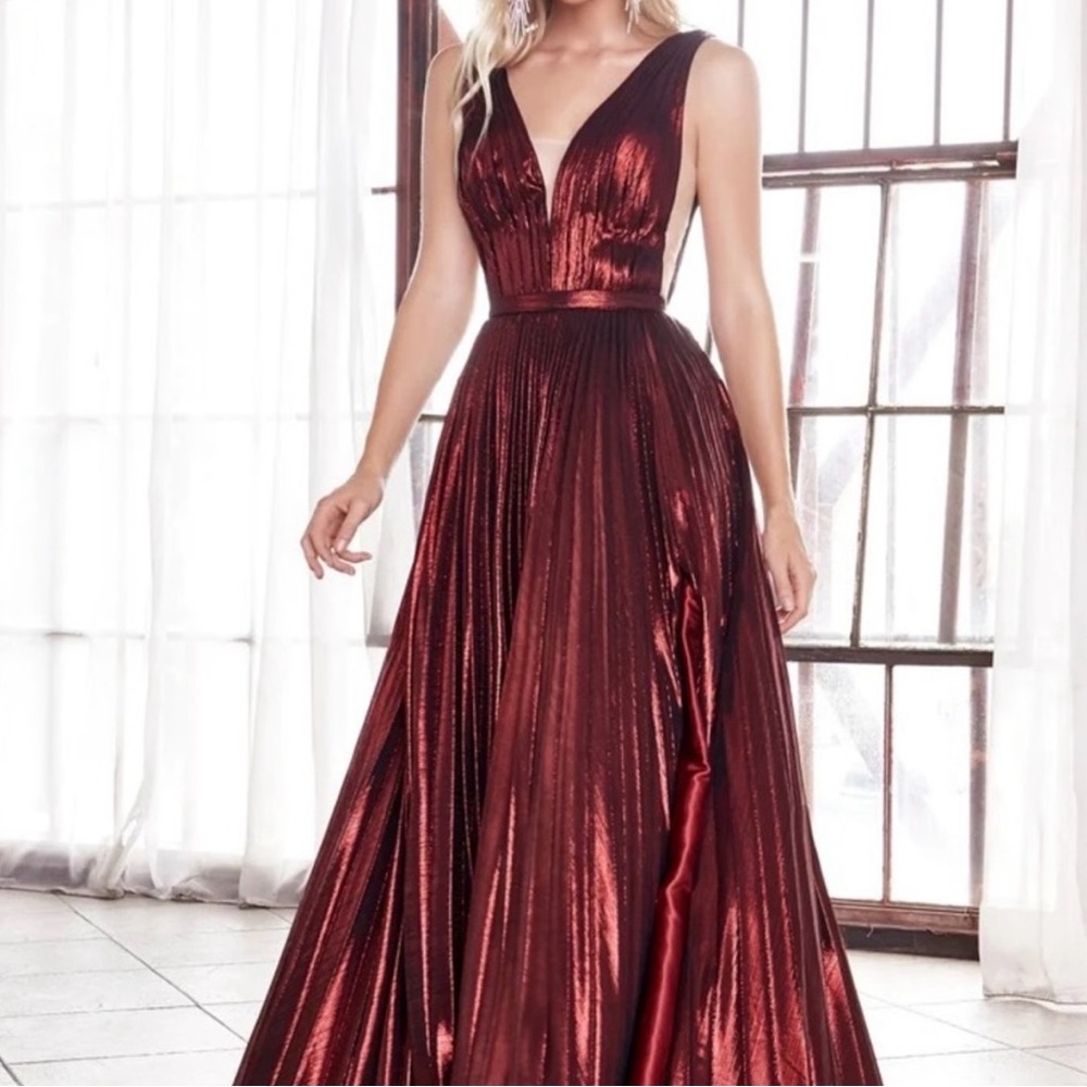 Cinderella Divine - CD160 Deep V Neck High Slit Metallic Pleated Gown